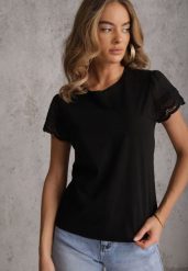 Czarny T-shirt z Bawełny z Rękawami z Koronki Hycis. Czarne bluzki damskie Renee, m, bez wzorów, z bawełny, bez kołnierzyka. Za 59.99 zł.