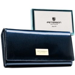 Duży, granatowy portfel damski ze skóry naturalnej i ekologicznej wyposażony w system RFID - Peterson. Niebieskie portfele damskie Peterson, bez wzorów, ze skóry. Za 70.00 zł.