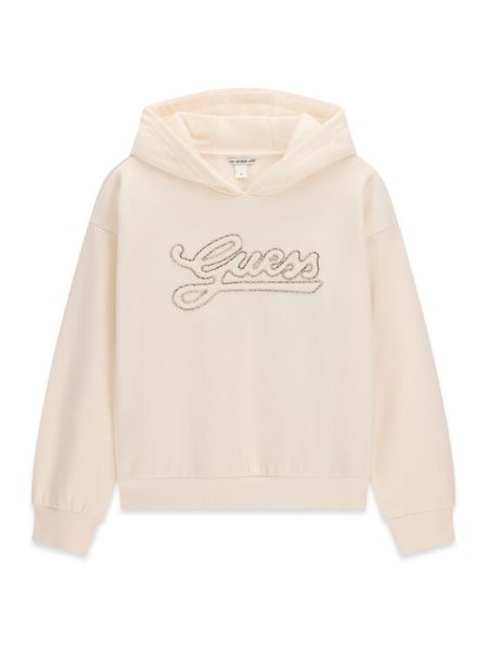 Guess Bluza J6BQ06 K6091 Kremowy Regular Fit. Białe bluzy dla dziewczynek Guess, z aplikacjami, z syntetyku, bez ramiączek, bez kaptura. Za 174.99 zł.