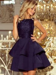 Sukienka Model Laura 205-3 Navy - Numoco. Niebieskie sukienki damskie NUMOCO, l, bez wzorów, z koronki, wizytowe, bez kołnierzyka, plus size, bez ramiączek, rozkloszowane. Za 289.68 zł.