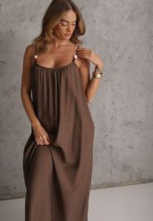 Ciemnobrązowa Wiskozowa Sukienka Boho o Pudełkowym Kroju na Ramiączkach z Koralikami Aleino. Brązowe sukienki dla dziewczynek Renee, bez wzorów, z wiskozy, boho, bez ramiączek. Za 89.99 zł.
