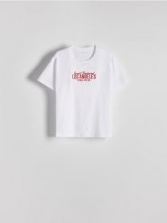 T-shirt z haftem - biały. Białe t-shirty damskie Reserved, l, bez wzorów, z bawełny, bez kołnierzyka. W wyprzedaży za 22.99 zł.