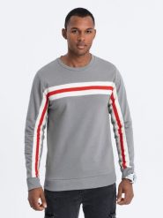 Bluza męska z lampasem - szara V6 - Rozmiar: M. Szare bluzy męskie Ombre Clothing, m, bez wzorów, z bawełny, bez kaptura. W wyprzedaży za 39.99 zł.