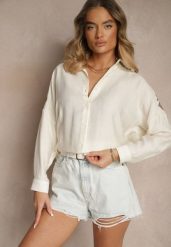 Jasnobeżowa Koszula z Ozdobnym Haftem Sadine. Brązowe bluzki damskie Renee, l, bez wzorów, z jeansu, klasyczne, bez kołnierzyka, bez ramiączek. Za 74.99 zł.