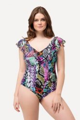 Damski Kostium kąpielowy mieszanka wzorów miękkie miseczki rękaw motylek. Czarne kostiumy jednoczęściowe damskie Ulla Popken, plus size, bez wzorów, z elastanu, plus size, do pływania. Za 206.99 zł.
