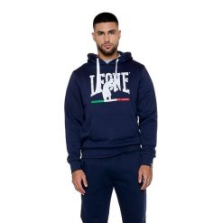 Bluza z bawełna z kaptur na trening na czas wolny. Niebieskie bluzy męskie LEONE 1947 APPAREL, bez wzorów, z bawełny, bez kaptura, na fitness i siłownię. W wyprzedaży za 136.83 zł.