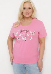Różowy Bawełniany T-shirt Koszulka z Krótkim Rękawem z Nadrukiem i Cyrkoniami Qumara. Czerwone bluzki damskie Born2be, xl, z aplikacjami, z bawełny, klasyczne, bez kołnierzyka. Za 34.99 zł.