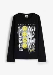 Koszulka Smiley World z długim rękawem, z czystej bawełny. Czarne t-shirty dla chłopców bonprix, bez wzorów, z bawełny, bez ramiączek. Za 69.99 zł.