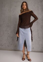 Niebieska Spódnica Jeansowa z Bawełną High Waist i Rozcięciem na Nogę Cinadessa. Niebieskie spódnice damskie Renee, l, bez wzorów, z bawełny, z podwyższonym stanem, midi. Za 119.99 zł.