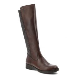 Brązowe Kozaki Rieker Wysokie Buty Damskie. Brązowe kozaki damskie Rieker, z materiału, bez obcasa. Za 450.99 zł.