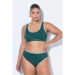 Damskie Top od bikini miękkie miseczki lamówka. Zielone topy damskie Ulla Popken, plus size, bez wzorów, z elastanu, bez kołnierzyka, bez ramiączek. W wyprzedaży za 111.99 zł.