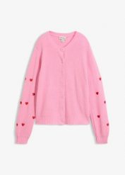 Sweter rozpinany z haftem w serca. Czerwone kardigany damskie bonprix, bez wzorów. Za 149.99 zł.