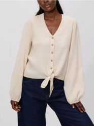 Muślinowa koszula z wiązaniem - beżowy. Brązowe koszule damskie Reserved, l, bez wzorów, bez kołnierzyka, bez ramiączek. Za 89.99 zł.