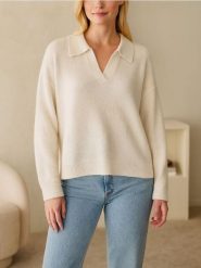 Sweter z kołnierzem - kremowy. Białe swetry damskie Sinsay, l, bez wzorów, bez kołnierzyka, bez ramiączek, bez kaptura. Za 39.99 zł.