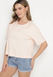 Beżowy Bawełniany T-shirt Ozdobiony Cyrkoniami Fadelis. Brązowe bluzki damskie Born2be, l, z aplikacjami, z bawełny, eleganckie, bez kołnierzyka. Za 49.99 zł.