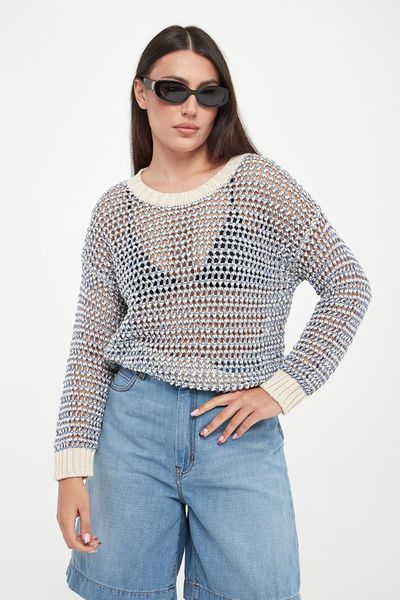 Sweter damski ażurowy lniany Onirica WEEKEND MAX MARA. Swetry damskie Weekend Max Mara, xs, w ażurowe wzory, ze lnu, bez kołnierzyka, bez ramiączek, bez kaptura. Za 1,209.00 zł.