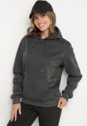 Ciemnoszara Bluza z Kapturem i Kangurkową Kieszenią Envila. Szare bluzy męskie Born2be, l, bez wzorów, z jeansu, z kapturem. Za 59.99 zł.