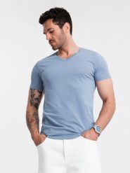 Klasyczna męska bawełniana koszulka z dekoltem w serek BASIC – niebieska V20 OM-TSBS-0145 - XL. Niebieskie t-shirty męskie Ombre Clothing, m, bez wzorów, z bawełny, klasyczne, bez kołnierzyka. W wyprzedaży za 24.99 zł.