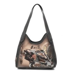 Brązowa Pojemna Damska Torebka Anekke. Brązowe torebki do ręki damskie Anekke, bez wzorów, z materiału, eleganckie, z nadrukiem, bez dodatków. Za 449.00 zł.