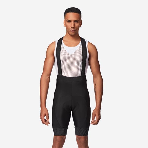 Spodenki rowerowe szosowe męskie Van Rysel RCR 2 na szelkach. Czarne buty sportowe męskie VAN RYSEL, m, bez wzorów, z materiału, rowerowe. Za 269.99 zł.