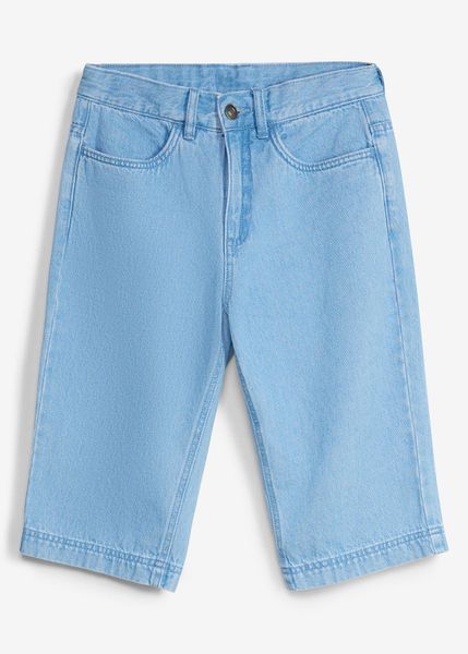 Bermudy jeansowe z regulowanym pasem, loose fit. Niebieskie jeansy dla chłopców bonprix, z bawełny. Za 92.99 zł.