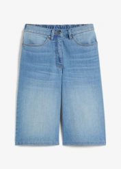 Bermudy jeansowe z wygodnym pasem. Niebieskie szorty damskie bonprix, bez wzorów, z jeansu. Za 114.99 zł.