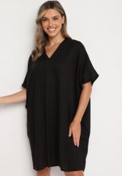 Czarna Bawełniana Sukienka o Pudełkowym Kroju z Dekoltem w Serek Vikonia. Czarne sukienki damskie Born2be, na co dzień, plus size, bez wzorów, z bawełny, eleganckie, bez kołnierzyka, plus size, bez ramiączek, midi. Za 79.99 zł.
