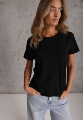 Czarny Bawełniany T-shirt o Klasycznym Kroju z Ozdobnymi Przeszyciami w Romby Luara. Czarne bluzki damskie Renee, l, bez wzorów, z bawełny, casualowe, bez kołnierzyka, bez ramiączek. Za 59.99 zł.