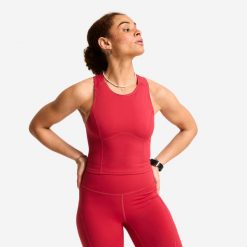 Koszulka fitness damska Domyos bez rękawów. Czerwone koszulki sportowe damskie DOMYOS, l, bez wzorów, z elastanu, bez kołnierzyka, bez ramiączek, na fitness i siłownię. Za 69.99 zł.