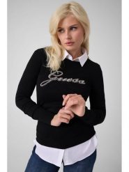 Guess Sweter 184022 Czarny Classic Fit. Czarne swetry damskie Guess, s, z aplikacjami, bez kołnierzyka, bez ramiączek, bez kaptura. Za 344.99 zł.