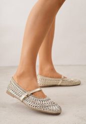 Złote Balerinki w Stylu Mary Jane z Szydełkową Cholewką Syroelle. Żółte baleriny damskie Renee, bez wzorów, z jeansu, eleganckie, bez obcasa. Za 119.99 zł.