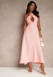 Różowa Koktajlowa Sukienka z Wiskozą i Dekoltem Halter Dolmanna. Czerwone sukienki damskie Renee, l, bez wzorów, z wiskozy, eleganckie, bez kołnierzyka, bez ramiączek, maxi. Za 79.99 zł.