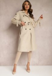 Beżowy Płaszcz o Dwurzędowym Fasonie z Paskiem Nivela. Brązowe płaszcze damskie Renee, m, bez wzorów, z jeansu, eleganckie, długie, bez kaptura. Za 239.99 zł.