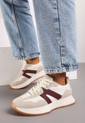 Beżowo-Bordowe Płaskie Buty Sportowe Sneakersy z Geometrycznym Wzorem Nawla. Brązowe obuwie sportowe damskie Born2be, bez wzorów. Za 84.99 zł.