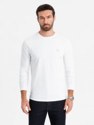 Męski longsleeve SLIM FIT z elastanem i printem – biały V2 - Rozmiar: L. Białe bluzki z długim rękawem męskie Ombre Clothing, l, bez wzorów, z bawełny, bez kołnierzyka. W wyprzedaży za 89.99 zł.