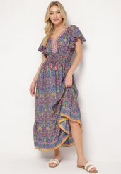 Granatowo-Różowa Sukienka w Stylu Boho z Cienkimi Gumkami w Pasie Ozdobiona Frędzlami Vitessa. Czerwone sukienki damskie Born2be, s, bez wzorów, boho, bez kołnierzyka, bez ramiączek, maxi. Za 79.99 zł.