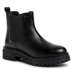 Sztyblety Geox. Czarne botki damskie Geox, bez obcasa, na płaskiej podeszwie, bez zapięcia. Za 369.99 zł.