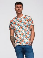 T-shirt męski bawełniany w kwiatowy wzór full print – biały V1 - Rozmiar: XXL. Białe t-shirty męskie Ombre Clothing, na lato, m, bez wzorów, z bawełny, eleganckie, bez kołnierzyka. W wyprzedaży za 29.99 zł.