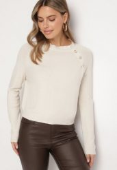 Beżowy Sweter z Wiskozą Ozdobiony Guzikami Atinethra. Brązowe swetry damskie Born2be, z aplikacjami, z wiskozy, eleganckie, bez kołnierzyka, bez ramiączek, bez kaptura. Za 74.99 zł.