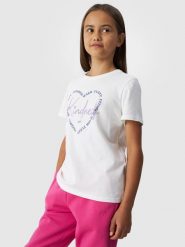 4F T-shirt z nadrukiem dziewczęcy - biały 128 (7-8 lat). Białe t-shirty i topy dla dziewczynek 4f, bez wzorów, z bawełny, bez ramiączek. W wyprzedaży za 19.99 zł.