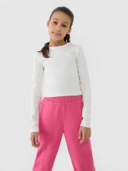 4F Longsleeve slim crop top gładki dziewczęcy - biały 146 (10-11 lat). Białe t-shirty i topy dla dziewczynek 4f, bez wzorów, z bawełny, bez ramiączek. W wyprzedaży za 19.99 zł.