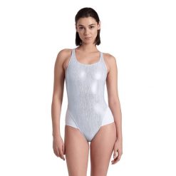 Strój kąpielowy damski połyskujący z siateczką Arena Mesh Power White. Białe kostiumy jednoczęściowe damskie Arena, l, bez wzorów, z materiału, do pływania. Za 141.98 zł.