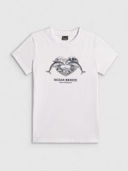 4F T-shirt regular z nadrukiem damski - biały M. Białe t-shirty damskie 4f, m, bez wzorów, z bawełny, klasyczne, bez kołnierzyka. Za 59.99 zł.