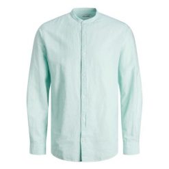 Koszula Jack & Jones Letnia Mieszanka Lnu kojące morze. Niebieskie koszule męskie Jack&Jones, na lato, bez wzorów, bez kołnierzyka, bez ramiączek. Za 177.62 zł.