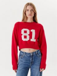 Guess Jeans Sweter W5YR33 Z3HM1 Czerwony Regular Fit. Czerwone swetry damskie Guess Jeans, xs, z aplikacjami, z bawełny, bez kołnierzyka, bez ramiączek, bez kaptura. Za 299.99 zł.