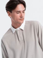Bluza męska z białym kołnierzykiem polo - popielata V7. Szare bluzy męskie Ombre Clothing, m, bez wzorów, z bawełny, bez kaptura. W wyprzedaży za 79.99 zł.