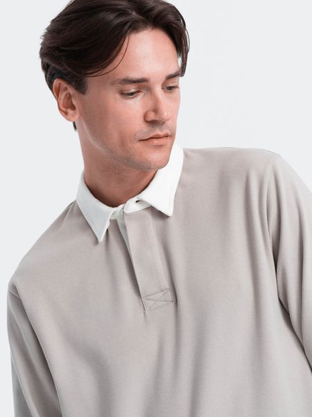 Bluza męska z białym kołnierzykiem polo - popielata V7. Szare bluzy męskie Ombre Clothing, m, bez wzorów, z bawełny, bez kaptura. W wyprzedaży za 79.99 zł.