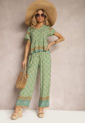 Zielony Komplet z Wiskozy w Stylu Boho Bluzka z Krótkim Rękawem i Spodnie z Gumką w Pasie Valesia. Zielone bluzki damskie Renee, s, bez wzorów, z materiału, boho, bez kołnierzyka, bez ramiączek. Za 59.99 zł.