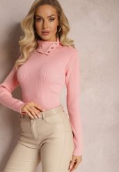 Różowy Golf z Prążkowanej Dzianiny z Nitami Itagi. Czerwone swetry damskie Renee, z aplikacjami, z dzianiny, bez kołnierzyka, bez ramiączek, bez kaptura. Za 69.99 zł.