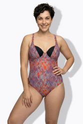 Damskie Kostium kąpielowy miękkie miseczki wzór skóra węża z recyklingu. Brązowe kostiumy jednoczęściowe damskie Ulla Popken, plus size, bez wzorów, z elastanu, plus size, do pływania. Za 223.99 zł.